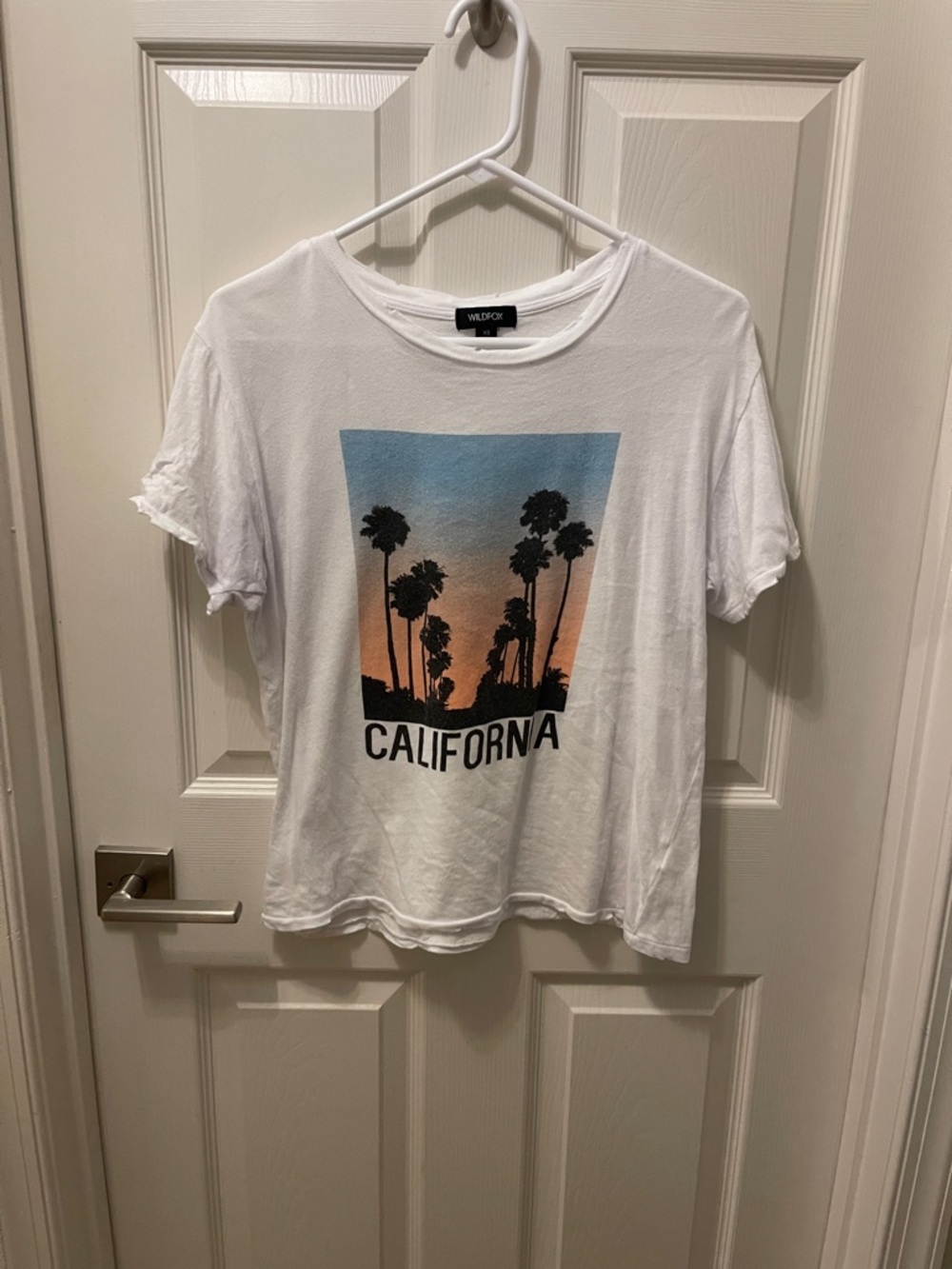 Wildfox White Tee with Blue and Orange Sunset Graphic